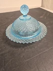 Vintage Anchor Hocking Miss America Blue Depression Glass Covered Butter Dish 6”
