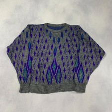 Vintage Abstract Knitted Jumper Patterned Grandad Knit Sweater Men's M