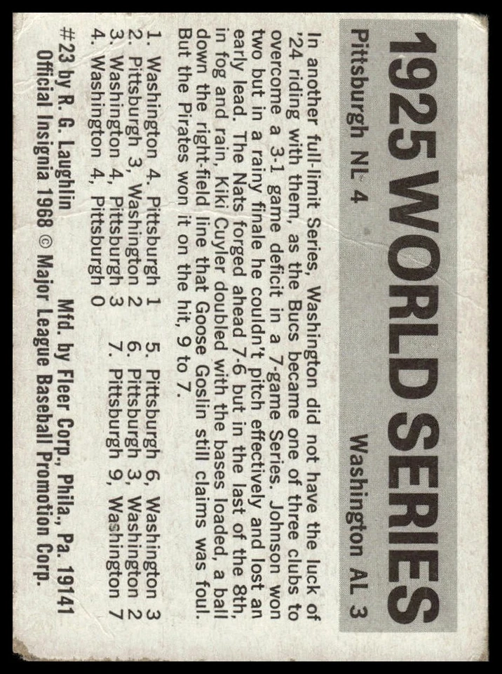 1971 Fleer World Series #23 1925 Pirates Senators Kiki Cuyler Walter Johnson - Image 2 of 2