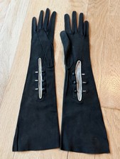 Vintage Womens Black Leather Suede Gloves Button Closure Size 6-1/2, Unlined