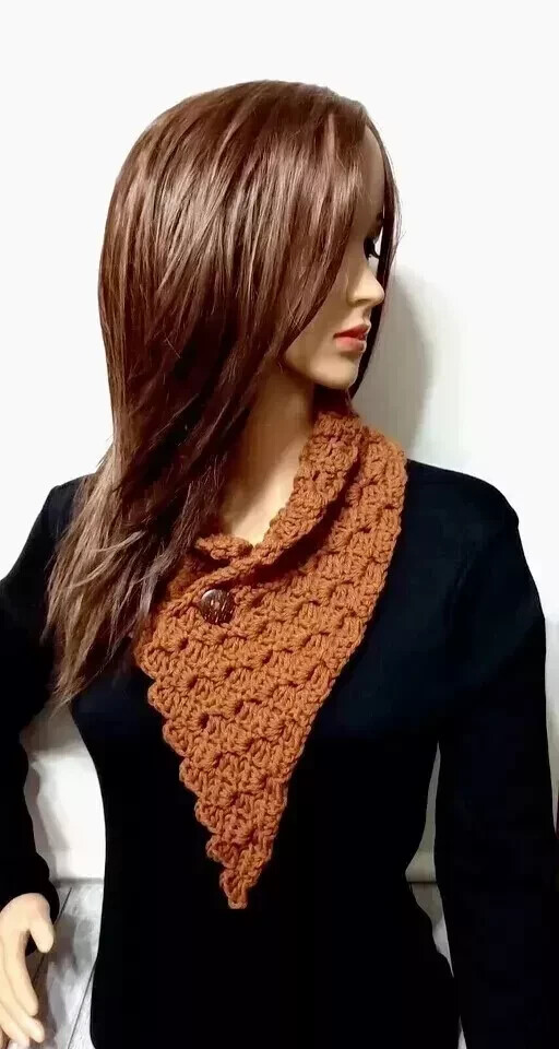 Handmade crochet button cowl neck warmer scarf in rusty ember blocks