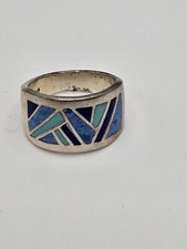 Vintage Sterling Silver Multi Stone Inlay Band Ring Size 8 Signed NF Turquoise