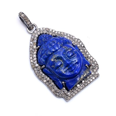 925 Sterling Silver Diamond Lapis Lazuli  Buddha carved figure Pendant Jewelry