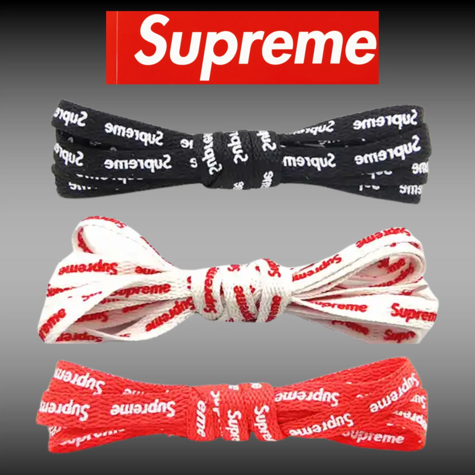 3 PAIRES   Lacets de chaussures AF1 SUPREME 3 NOIR, ROUGE, BLANC