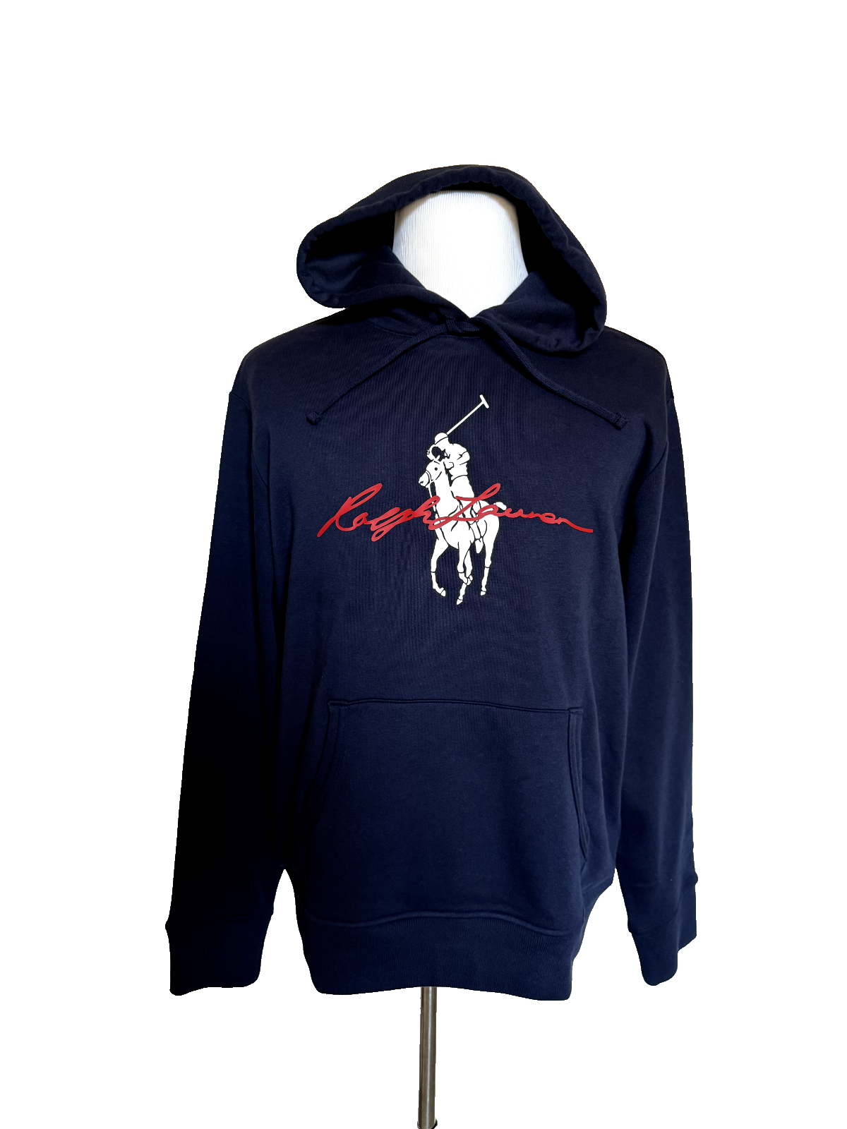 Polo Ralph Lauren firmata Big Pony manica lunga felpa con cappuccio blu navy L nuova con etichette $198