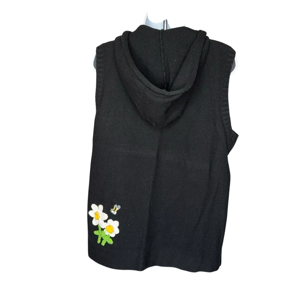 Quacker Factory Sweater Vest Daisy Bees Hooded Zip Up Embellished Embroidered Lg - Image 4 of 4