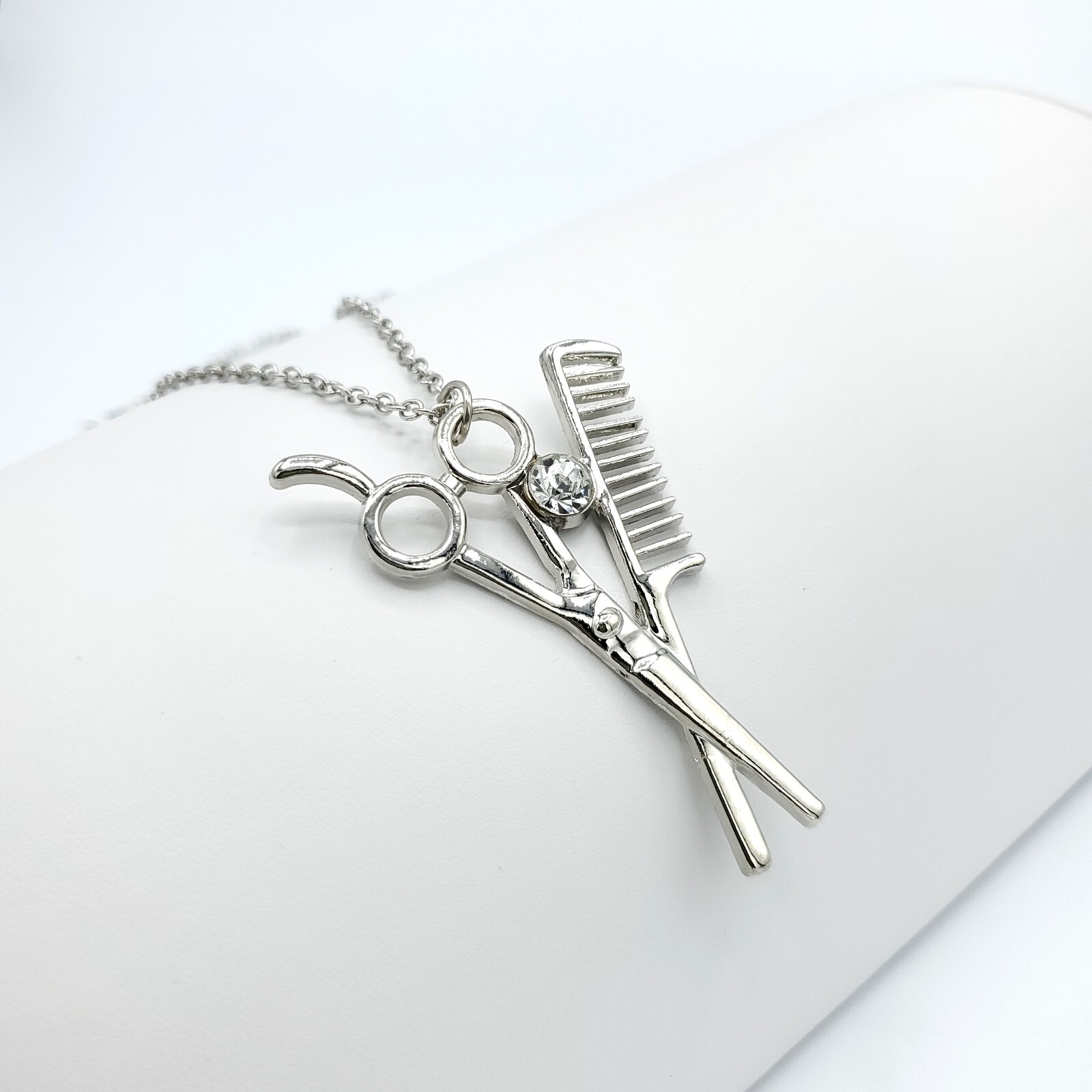 Scissors Comb CZ SILVER Plated Necklace Hair Stylist Barbershop Salon Cutting-image