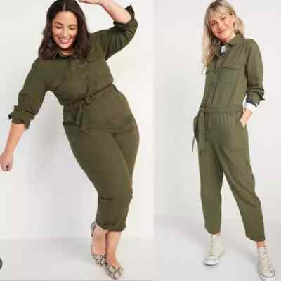 Old Navy Tie-Belt Utility Canvas Jumpsuit Olive Green Sz M Garagecore Coverall