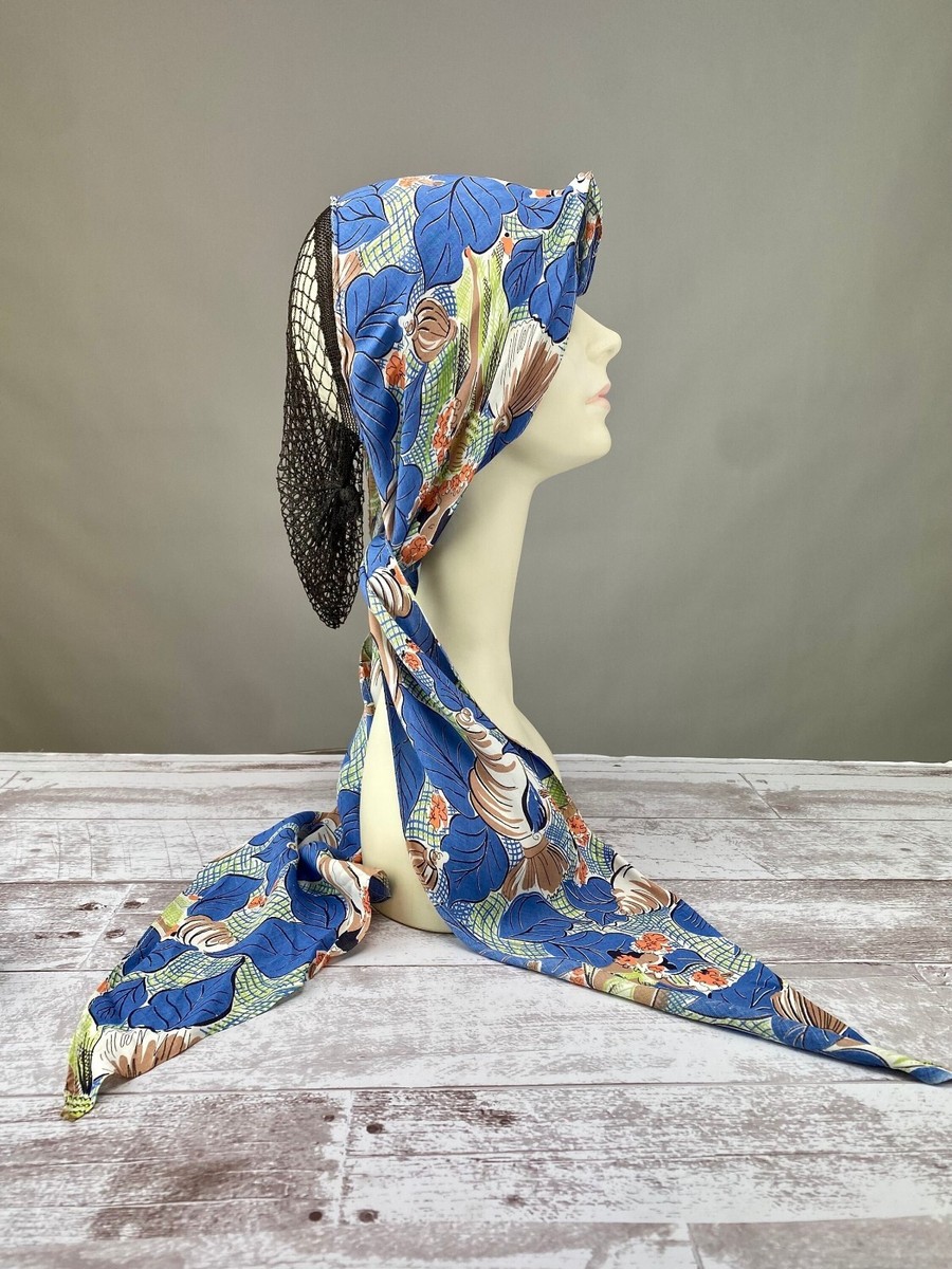 Vintage 1920s Silk Head Scarf with Hair Snood Novelty Print of Tropical  Resort