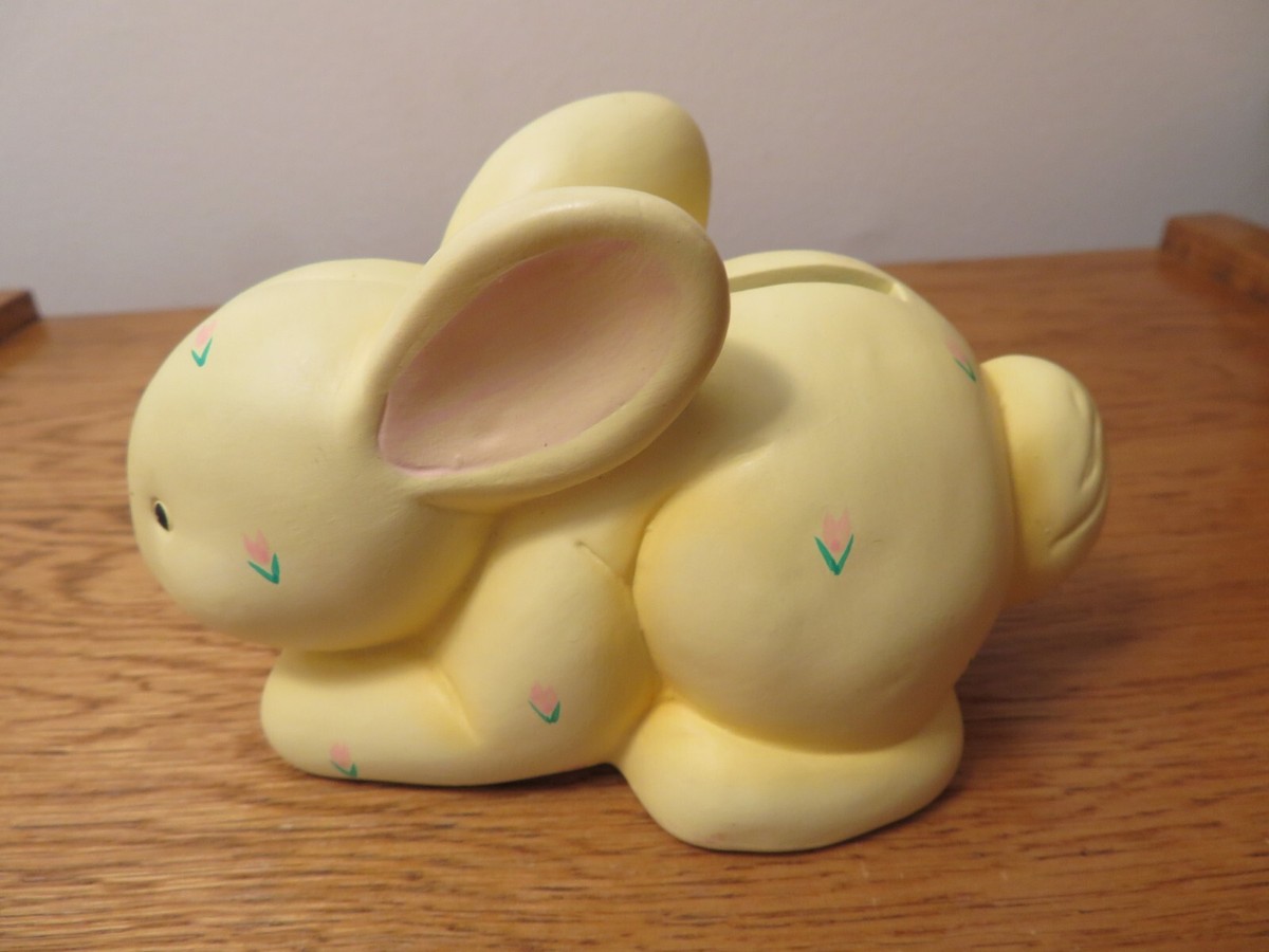 Yellow Bunny Rabbit Coin Bank, Flowers, Small, 5-1/2