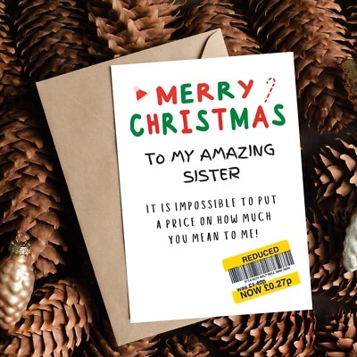 WITTY PRINT COMPANY Christmas Card For Sister, Funny Christmas Card For Sister, Reduced Sticker Card