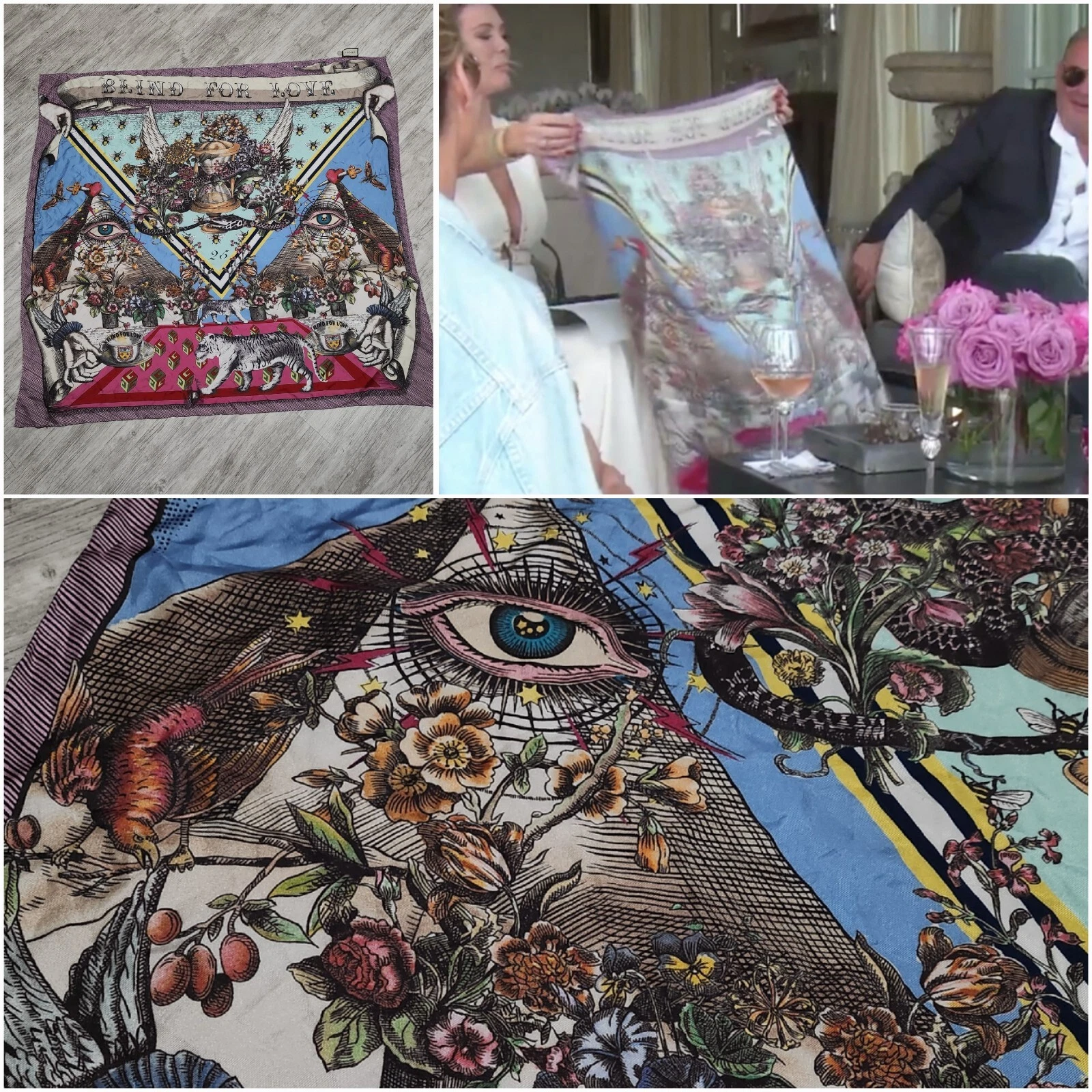 Rare écharpe en soie GUCCI « Blind For Love » vraies ménagères Beverly Hills TOUT NEUF