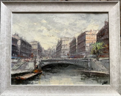 :ÖLGEMÄLDE MONOGR.SB 1989 FLUß MIT BRÜCKE IN PARIS AM PONT NOTRE-DAME FLUß SEINE - Bild 1 von 4