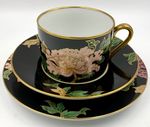 FITZ & FLOYD CLOISONNE PEONY BLACK FLORAL TRIO: CUP, SAUCER, PLATE, EXCLNT COND