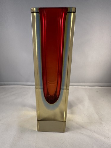 Vintage 1970s Murano 21cm Block Vase - Red, Amber And Blue In Smoked Glass - Picture 5 of 20