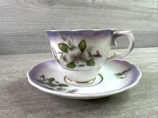 Vintage Teacup & Saucer Cherry Blossom Made In Japan Purple White Gold Trim