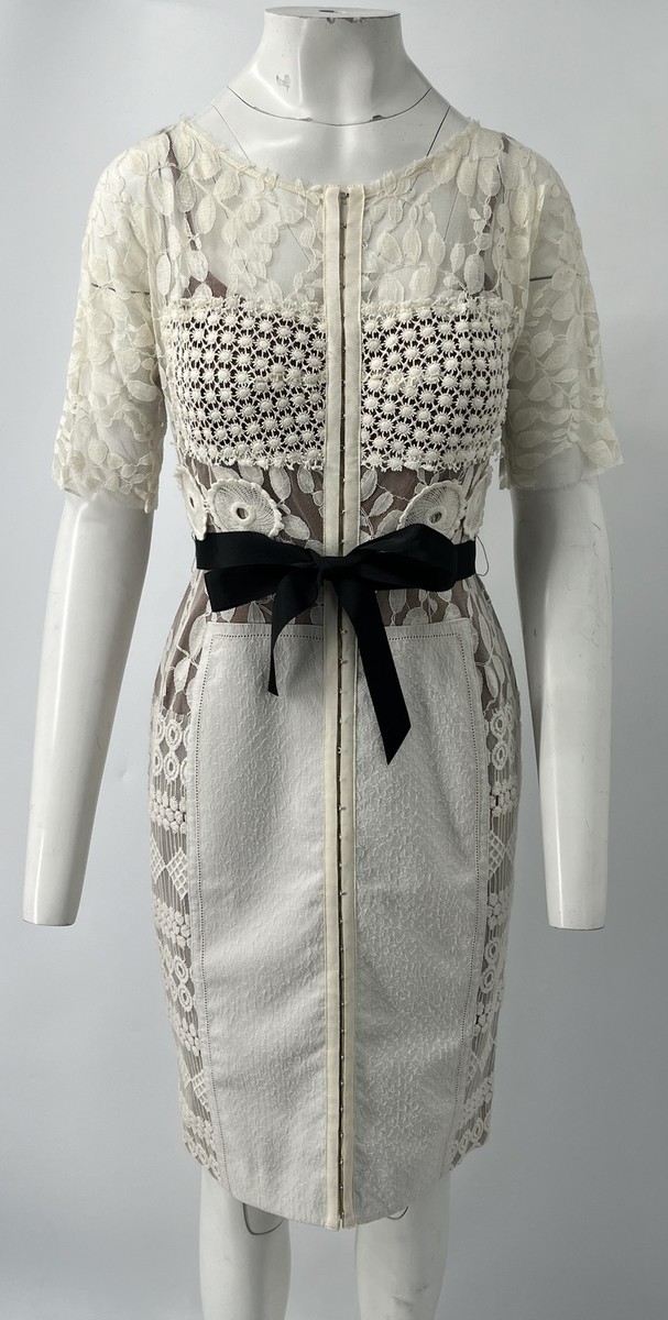 Beguile by Byron Lars Off-White Lace Black Belt Carissima Sheath