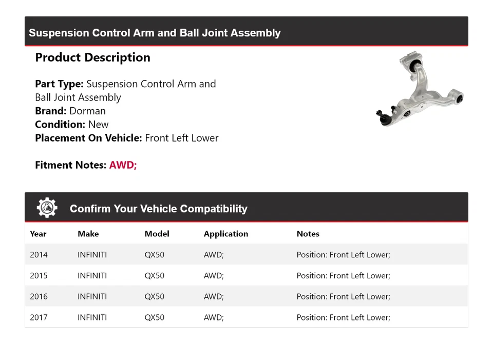 For 2014-2017 INFINITI QX50 Dorman Control Arm  Ball Joint Assembly 2015 20 - Imagem 2 de 4