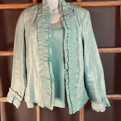 Rafael Women's 2 Pc. Top Open Ruffled  Jacket Sz PL 19x24  Aqua Green Faux Pearl