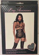 3PC. LACE HALTER GARTER SKIRT, NET BIKINI TOP & THIGH HIGHS by Leg Avenue(89088)