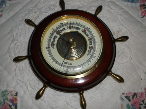 Vintage Selsi Brass Wood Nautical Ship Wheel Barometer Made in Germany 7 Inches