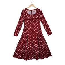 J. Peterman Midi Dress Sz 8 Brick Red Polka Dot Fit & Flare Button Front Cotton