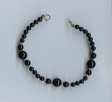 14K 5.57 Gram Solid Yellow Gold 7" 8mm Bead Black Onyx Strand Bracelet LY
