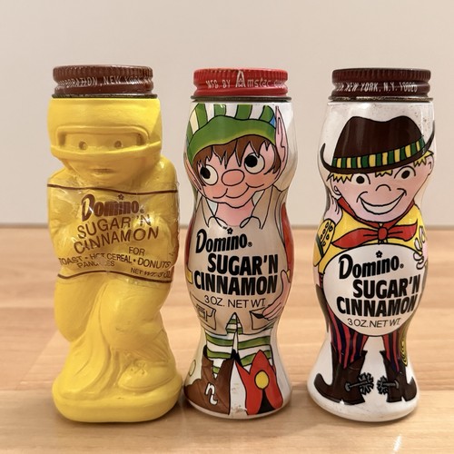 Vintage Domino Sugar N Cinnamon Football Elf Cowboy Plastic Shaker 3 oz Lot of 3