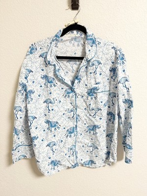 Printfresh Flamenco Elephant Print Pajama Top Long Sleeve Button Up Blue XL