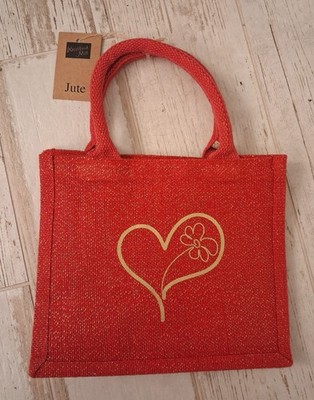 WESTFORD MILL JUTE JUTE TASCHE ROT MIT HERZ UND BLUME W431