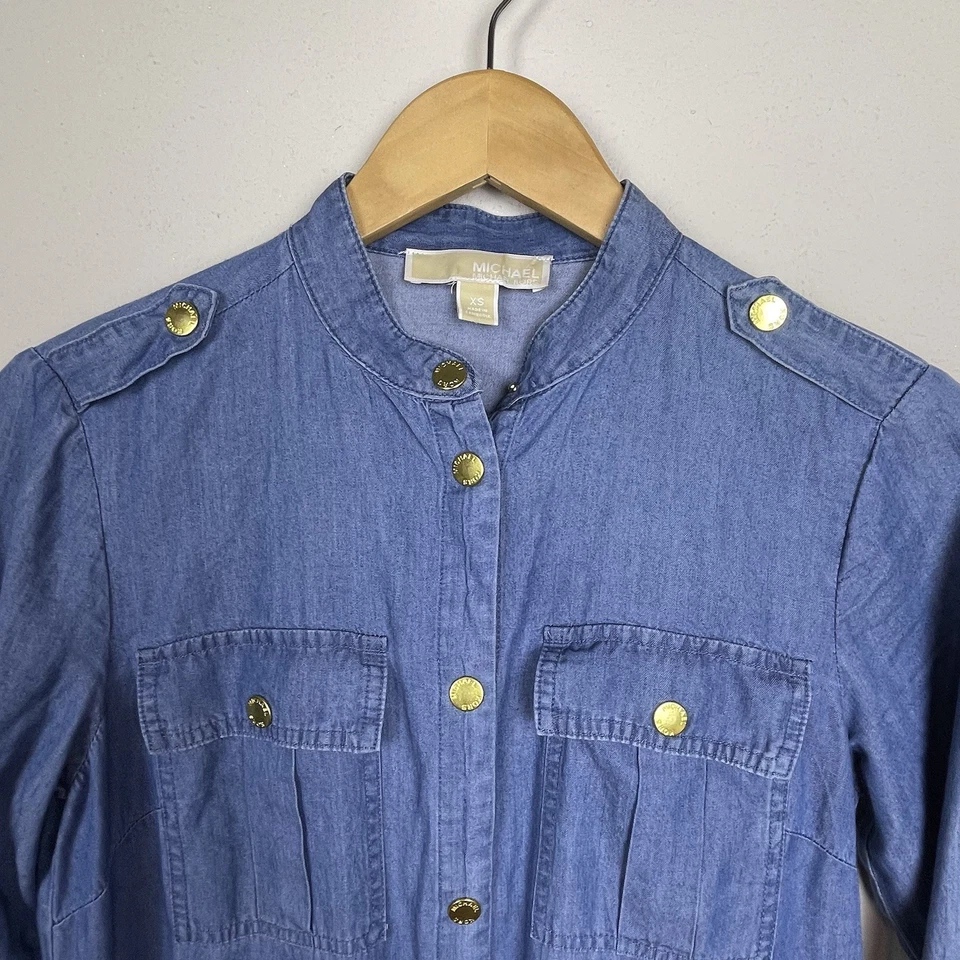 Michael Kors XS Chambray 衬衫 连衣裙 Maxi Roll Tab Sleeves 金色卡扣 — 第 3/4 张图片