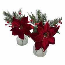 Set of 2 Artificial Poinsettia Arrangements In Ribbed Glass Vases Holiday Decor