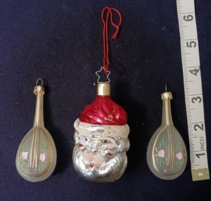 Vtg 3 Pc. Hand Blown Santa / Mandolins  Ornaments  Polish