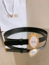 DIOR Women Medaillon Leather Belt 2.5cm Black Gold-Tone Oval Buckle