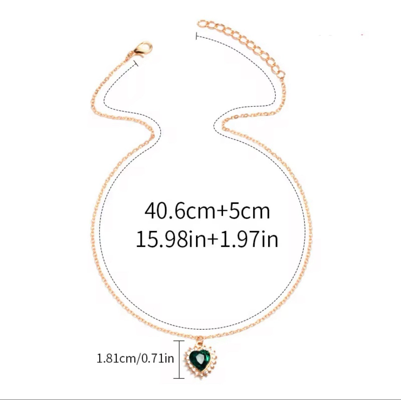Collana cuore cristallo verde placcato oro catena retrolink lega zirconi pietra principale foto 3
