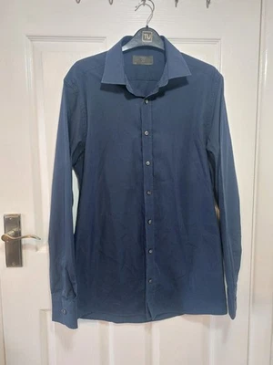 M&S Men's Navy Blue Slim Fit Shirt 15.5" Collar Polyester/Cotton - Image 1 of 4