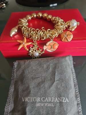 Victor Carranza Charm Starfish Seashell Crab.. Goldtone Stretch Bracelet New
