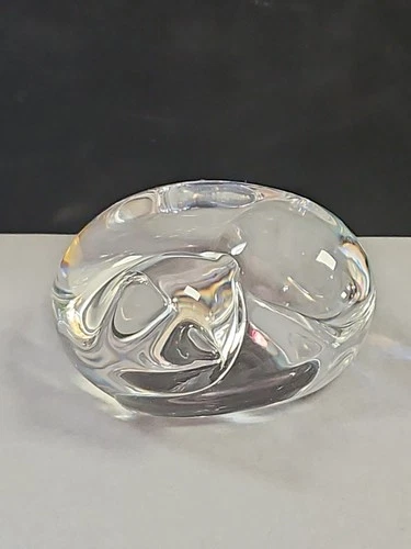Steuben Glass Sleeping Cat Paperweight, Hand Cooler, Vintage, Rare, Signed