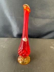 Vintage  Fenton Amberina Red Orange Yellow Glass Hobnail 10 Inch Bud Vase