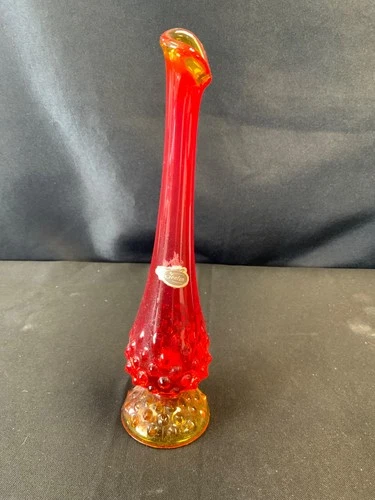 Vintage  Fenton Amberina Red Orange Yellow Glass Hobnail 10 Inch Bud Vase
