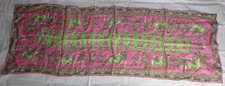 Vintage 100 silk horses fighters green pink scarf 91.5 x 14 Japan 