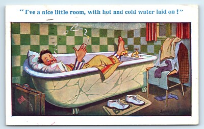 POSTKARTE DONALD McGILL - COMIC MANN SCHLÄFT IN BADEWANNE - 1948 - INTER ART SERIE