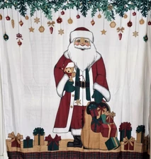 Winter Wonder Lane Fabric Shower Curtain Santa w Gift Bag & Star Hooks 72" x 72"