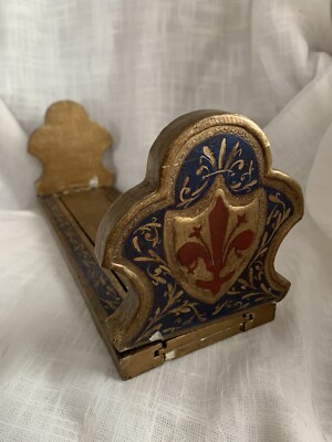 Vintage Wooden Italian Sliding Shield Bookends: Painted Navy, Red & Gold Gilt