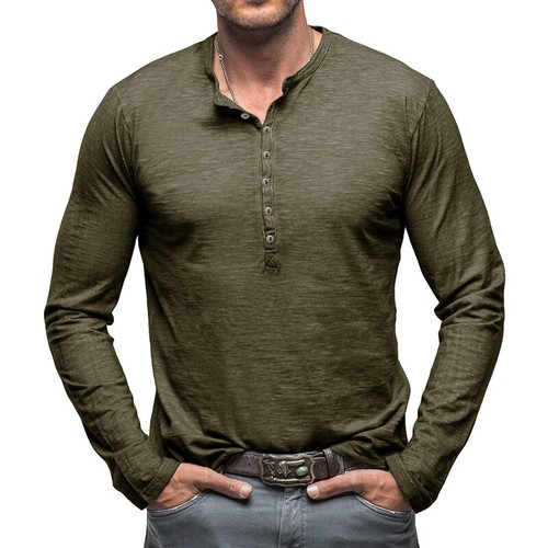 Camisa Henley de Algodón para Hombres Retro Manga Larga Camiseta Botón Lavado Cuello en V Prendas para el torso - Imagen 15 de 80