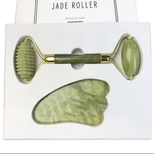 Natural Jade facial spiky (needleless) roller and Gua Sha tool for facial treatm