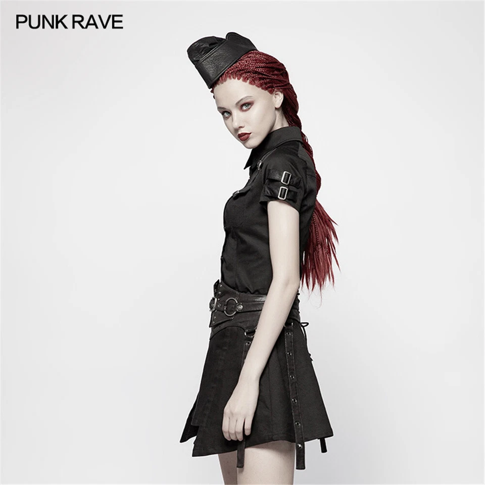 PUNK RAVE Militar Manga Corta Camisas Punk Delgadas Steampunk Negro Blusa Prendas para el torso Foto 3 de 4