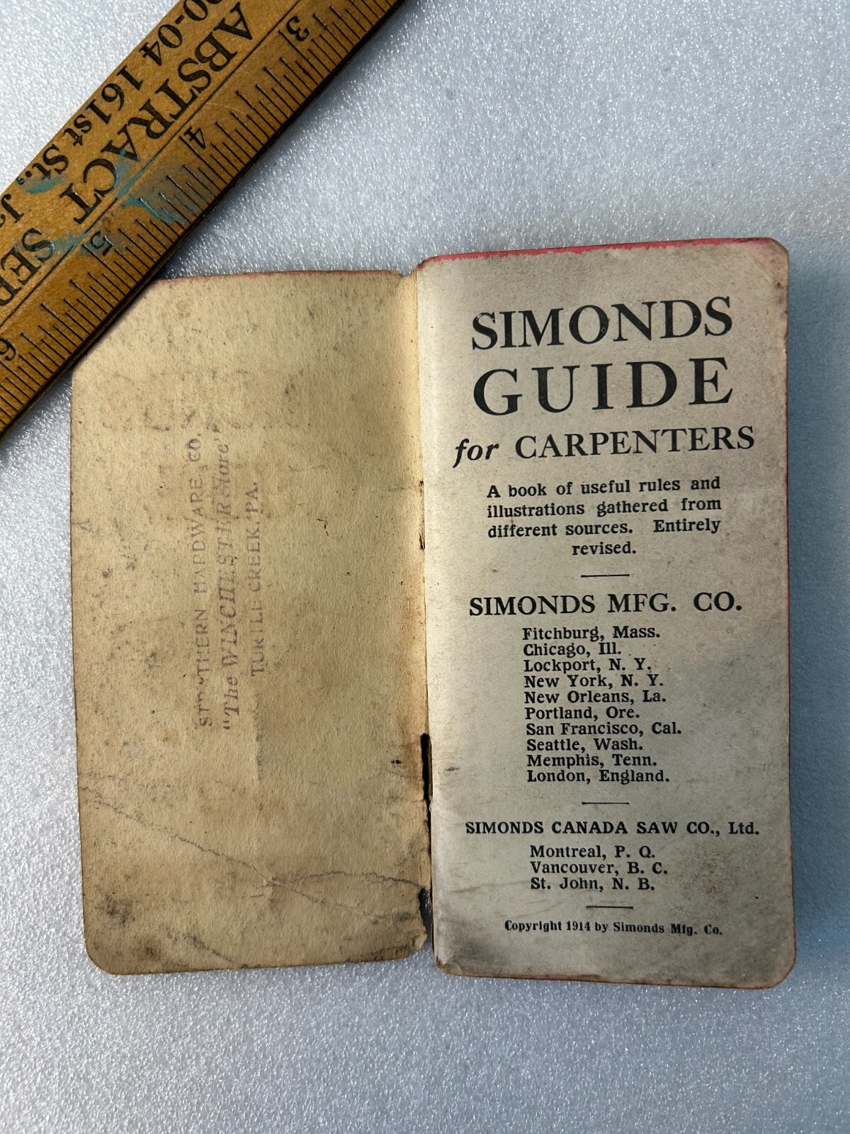 1914 SIMONDS GUIDE FOR CARPENTERS Simonds Saw & Mfg Co. Stamped Turtle Creek, PA