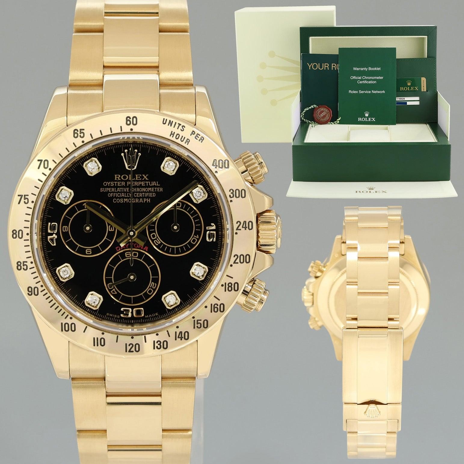 2010 PAPERS MINT Rolex Daytona 116528 Black Diamond Chrono Yellow Gold 40mm