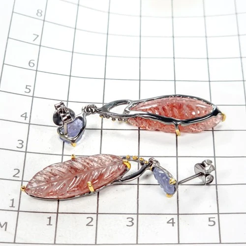 Pendientes de cuarzo fresa natural joyería piedras preciosas plata de ley 925/E128009 Foto 3 de 4